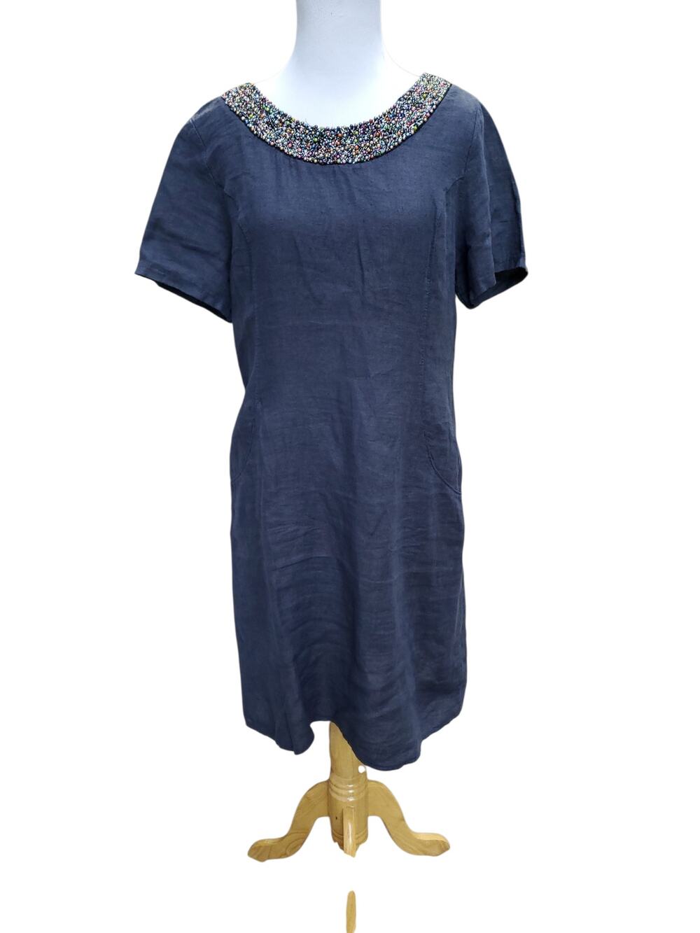 Lina Tomei Blue Linen Dress Beaded Yoke Summer Beach Event Pockets Sz L